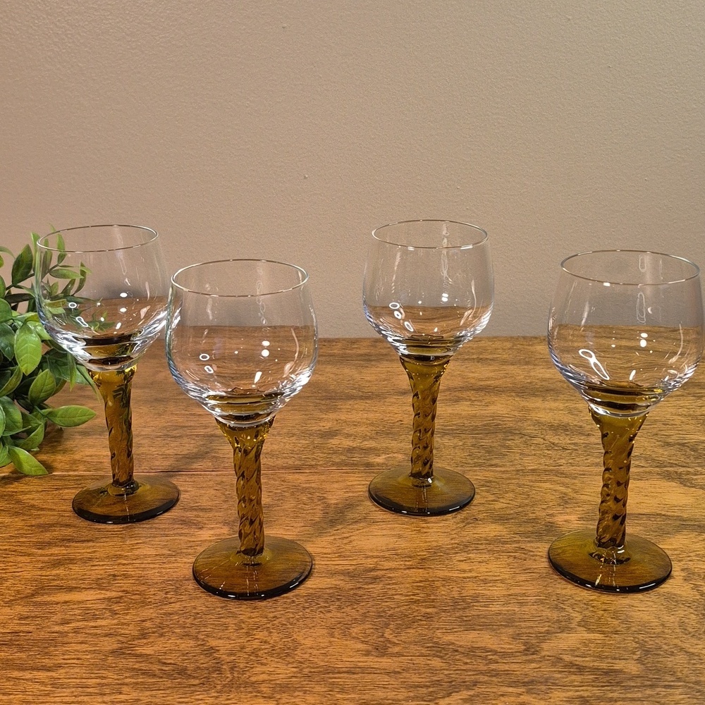 VINTAGE Amber Tone Twisted Stem Art Wine Glasses, Set of 4